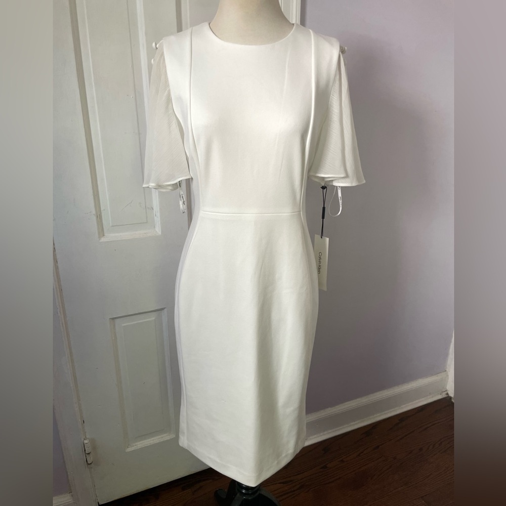 NWT Calvin Klein White Midi Sheath Dress with Flutter Sleeves, Size 4